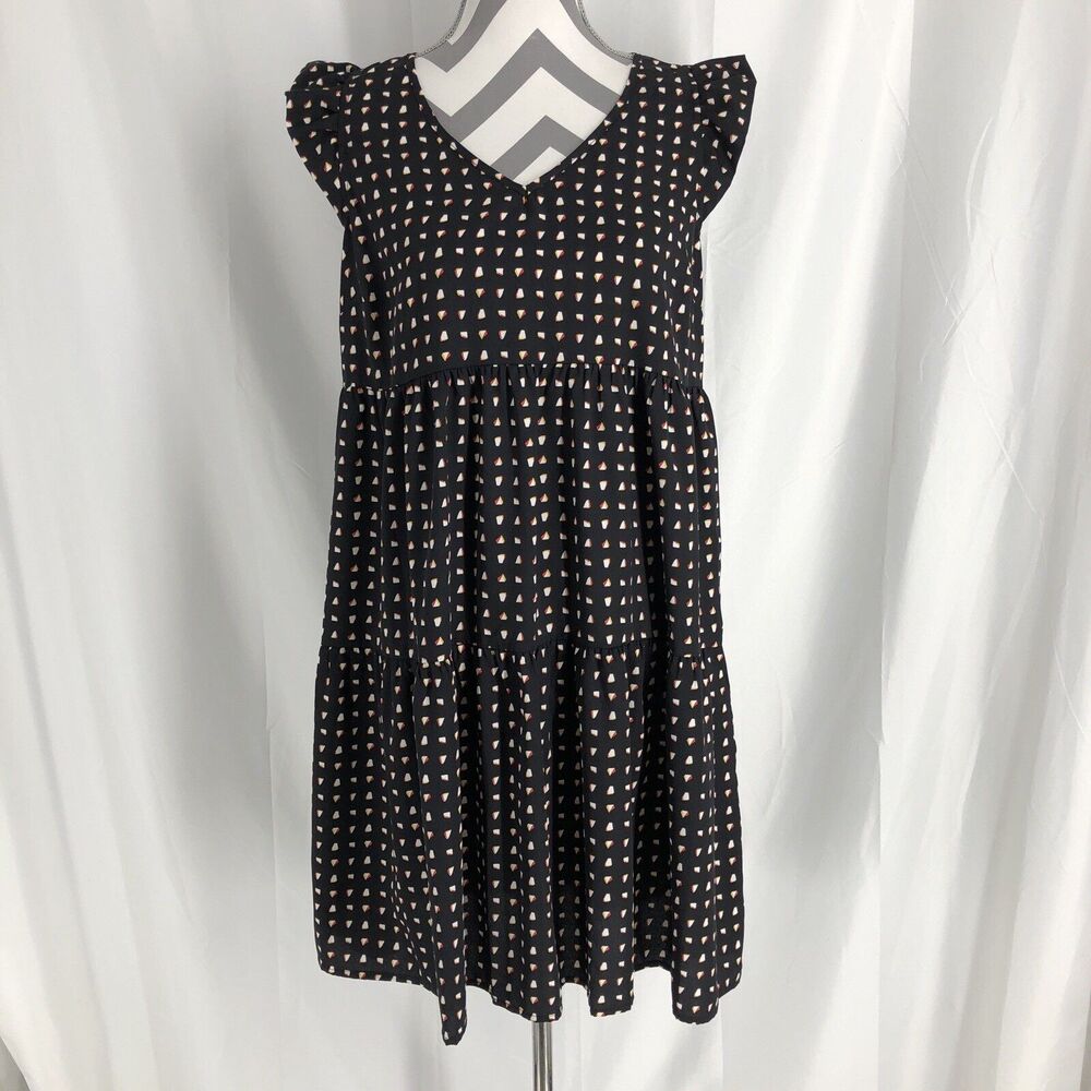 Ces Femme a line dress Black V Neck Geometric Pattern Flutter Sleeve Small